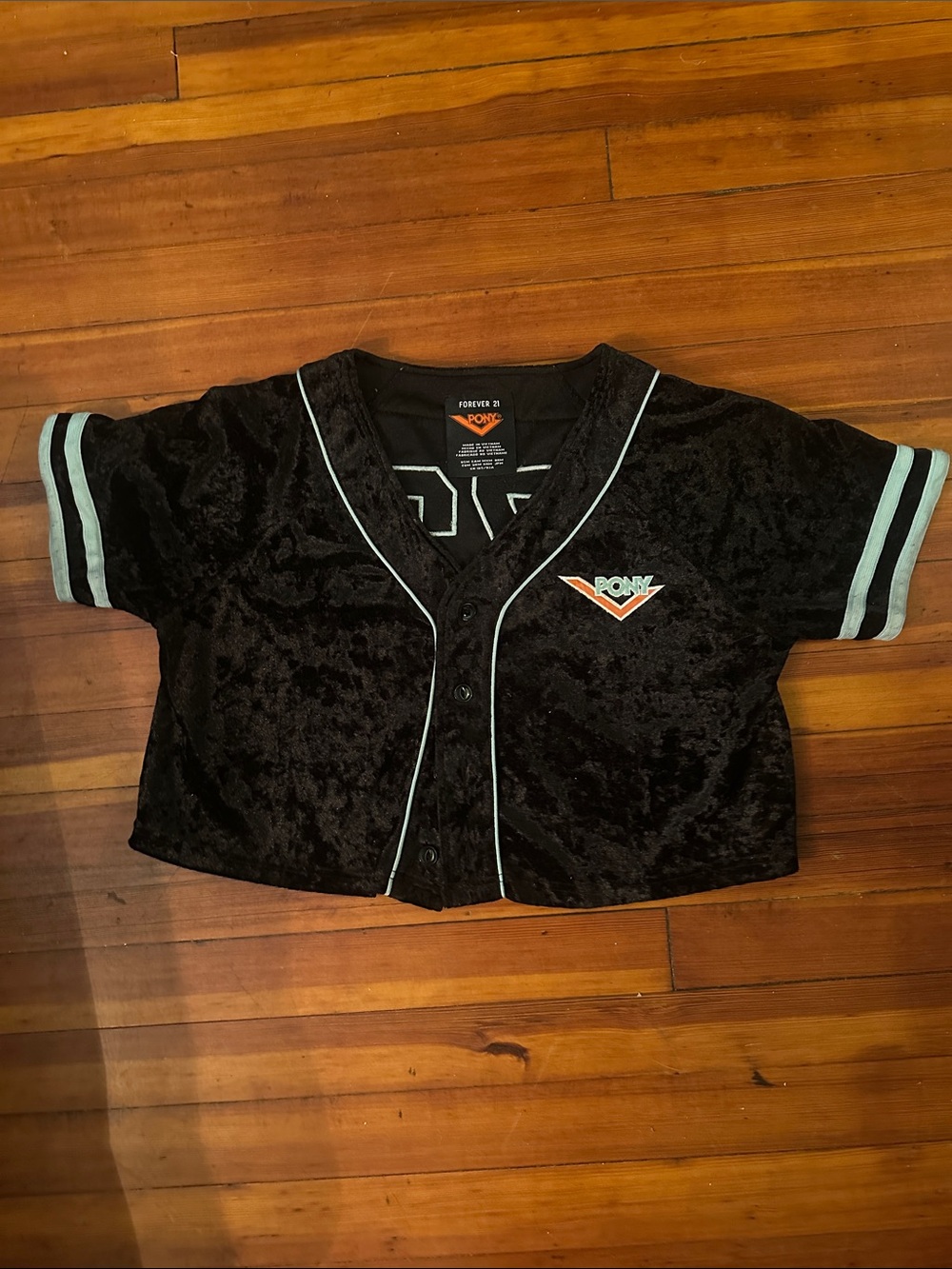 Pony Black Velvet Button-Front Tee with Mint Trim